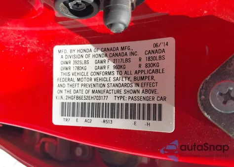 2014 Honda Civic Si from USA, damaged, VIN 2HGFB6E52EH703177